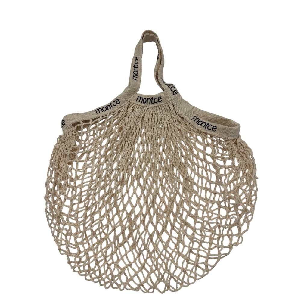 Montce Beige French Mesh Net Market Bag Logo Strap Beach Tote